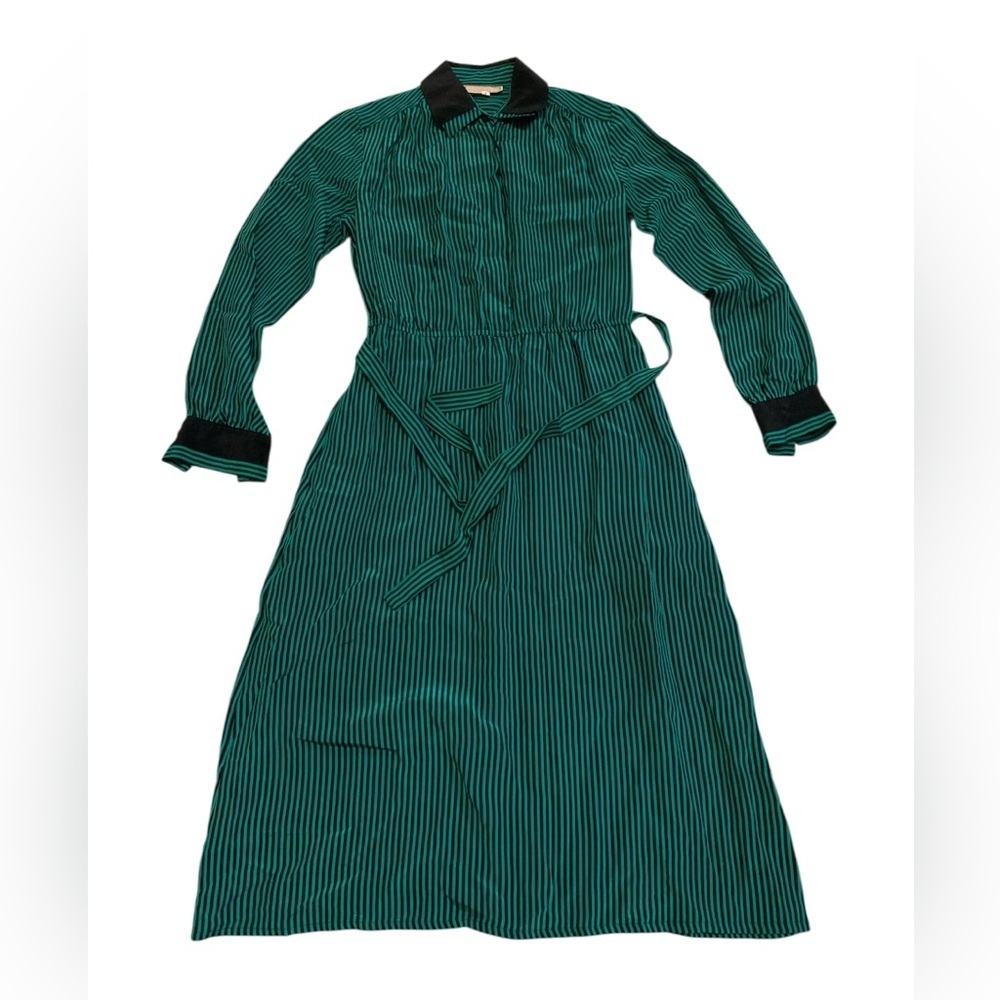 Vintage EATON 100% Silk Teal Black Striped Midi Dress Belted Button-Front Size 7
